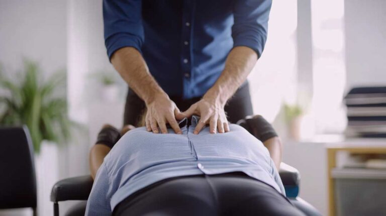 An older adult receives gentle back care from a healthcare provider in a cozy, well-lit room.