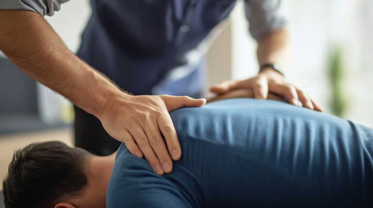 An adult and child sitting with good posture at a kitchen table, using a tablet and stretching their backs.